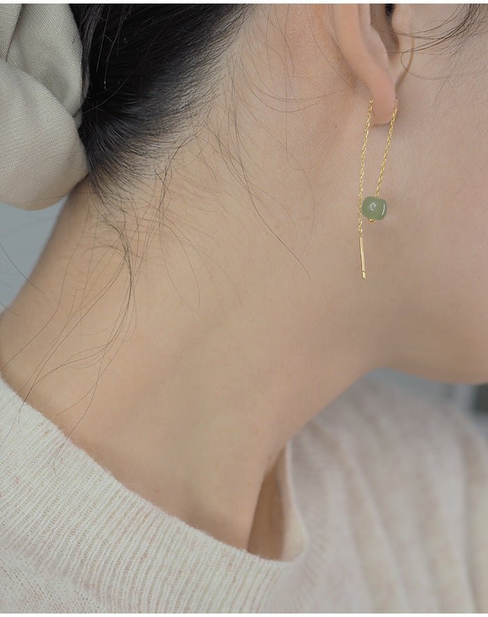 Natural Jade Long Drop Earrings Pull Up Threader (Silver/ Gold Plated/ Gold Filled)