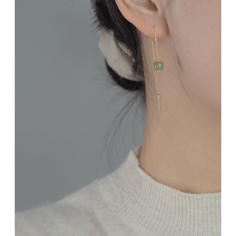 Natural Jade Long Drop Earrings Pull Up Threader (Silver/ Gold Plated/ Gold Filled)