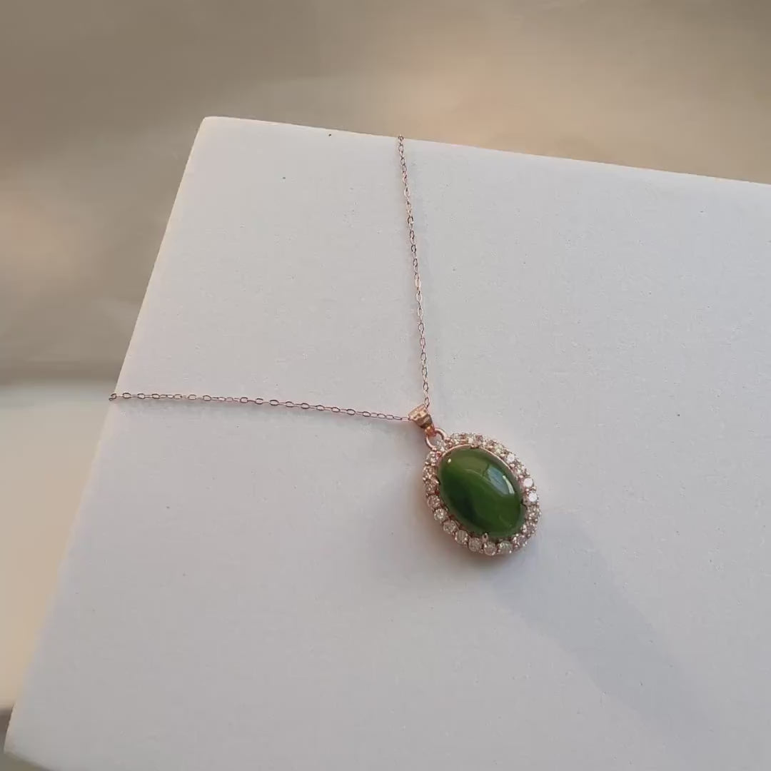 Natural Jade Necklace, Oval Jade Necklace, Hetian Jade Necklace, Green Jade Necklace, Dainty Jade Necklace, Diamond-bordered Jade, Good Luck