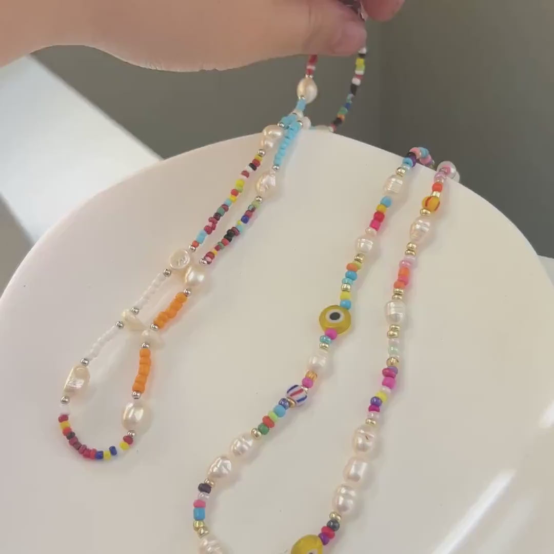 Natural Pearl Beaded Necklace, Colorful Necklace, Hippie Necklace, Pearl Rainbow Necklace, Freshwater Pearl Necklace, Summer Beaded Necklace