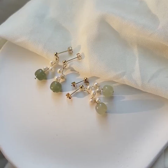 Natural Jade Earrings, Jade Pearl Earrings, Light Dark Green Nephrite Earrings with Clips-on or Pierced Option, Hetian Jade Bead Earring