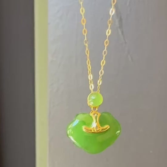 Green Nephrite Jade Lock Pendant with 18K Gold