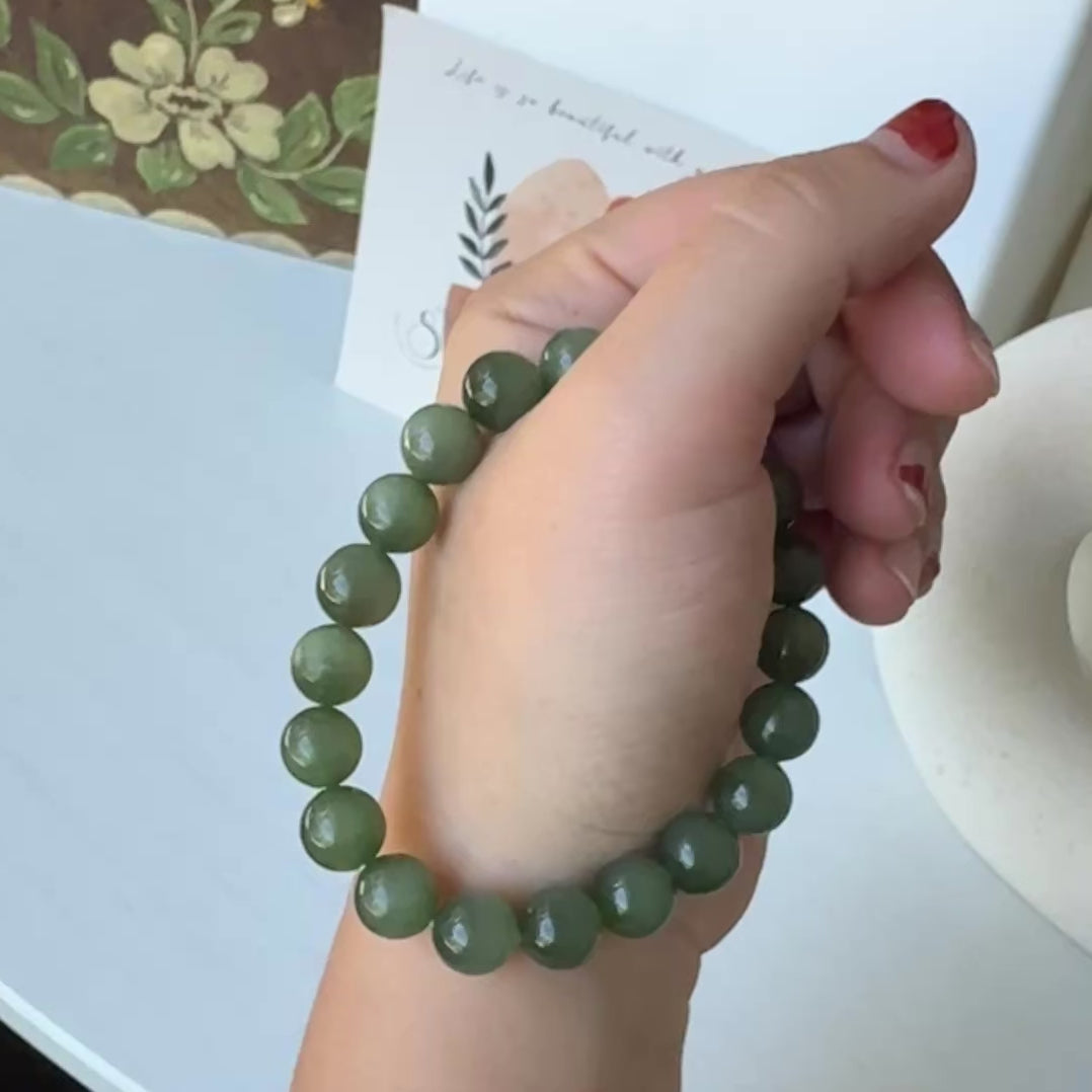 Natural Hetian Jade Beaded Bracelet, High Quality Nephrite (No Black Spots)