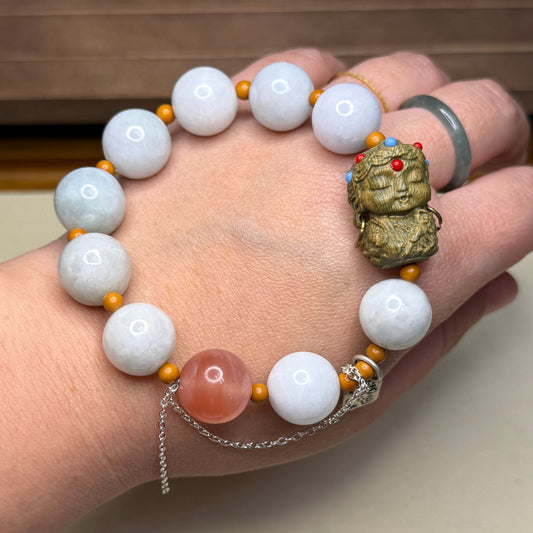white Beaded Jadeite Bracelet with wood baby Buddha