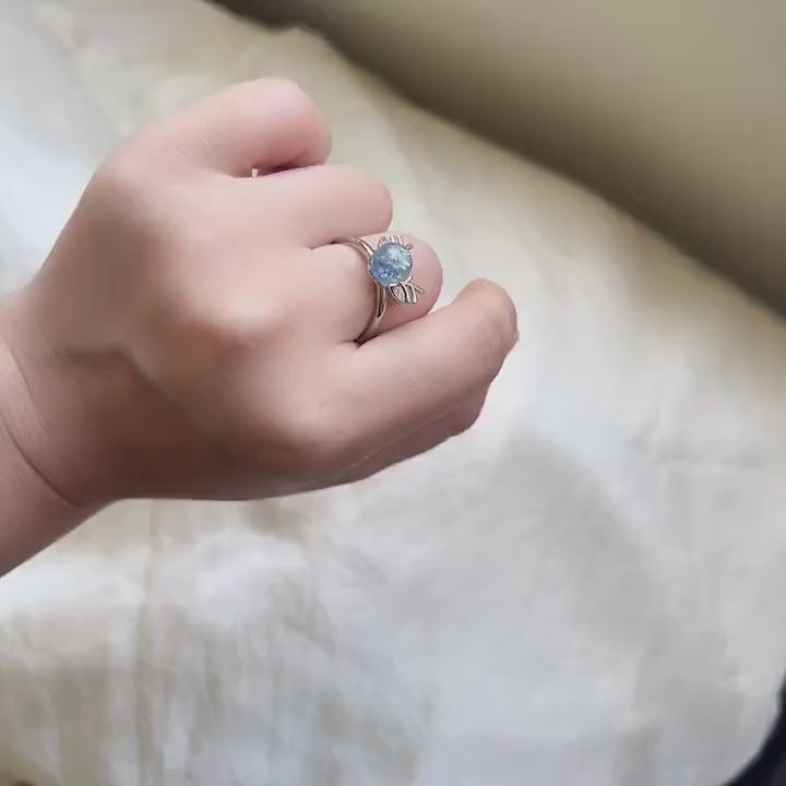 Natural Aquamarine Deer Horn Ring, Light Blue Gemstone Antler Adjustable Ring, Cute Buckhorn Ring, Blue Crystal Ring