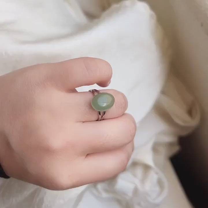 Boho Style Natural Stone Oval Ring, Simple Medium Gemstone Ring, Minimalist Adjustable Ring, Rose Quartz, Green Aventurine, Black Agate