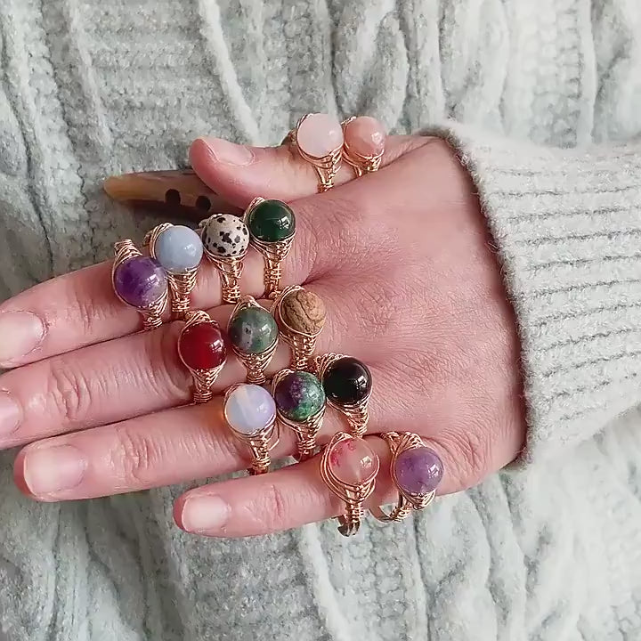 Boho Style Hand Craft Natural Stone Ring, Wire Wrapped Single Gemstone Ring, Amethysts  Jasper Lava Quartz Opal Green/Red/Black Agate