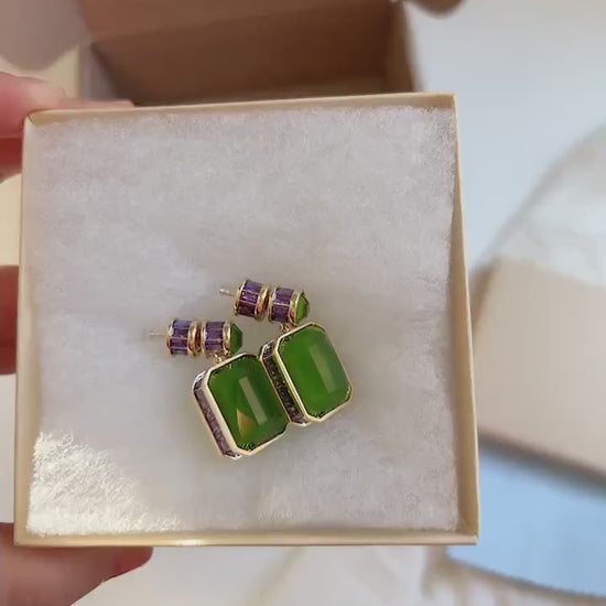 High Quality Large Luxury Green Jade Earring, Natural Chalcedony Rectangle / Water Drop Earrings, Vintage Gem Stone with Purple CZ Diamond