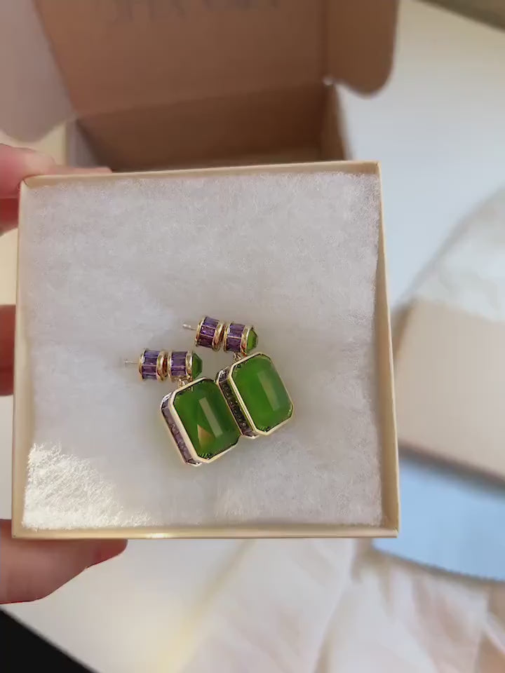 High Quality Large Luxury Green Jade Earring, Natural Chalcedony Rectangle / Water Drop Earrings, Vintage Gem Stone with Purple CZ Diamond