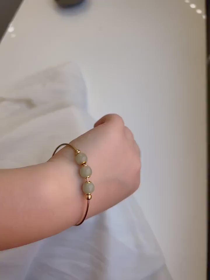 Simple Natural Hetian Jade Bracelets light or dark green beads, minimalist 14k Gold Plated Bangle nephrite gift for wife girlfriend daughter