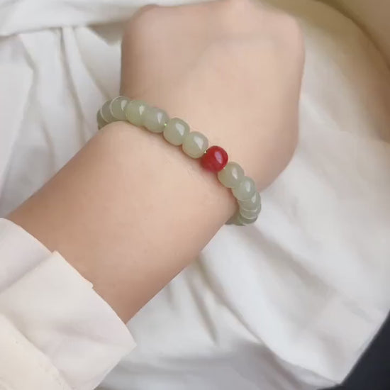 Simple Nephrite Light Green Bracelets Minimalist Natural Hetian Jade Bucket Beaded Bracelet with one south red agate For Women Girls Gift