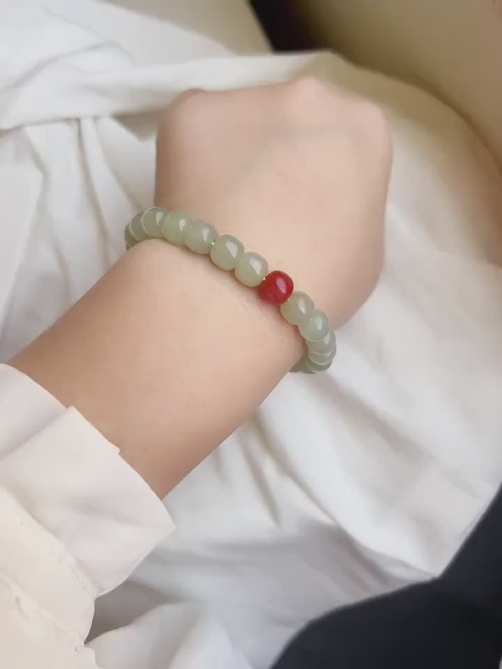 Simple Nephrite Light Green Bracelets Minimalist Natural Hetian Jade Bucket Beaded Bracelet with one south red agate For Women Girls Gift