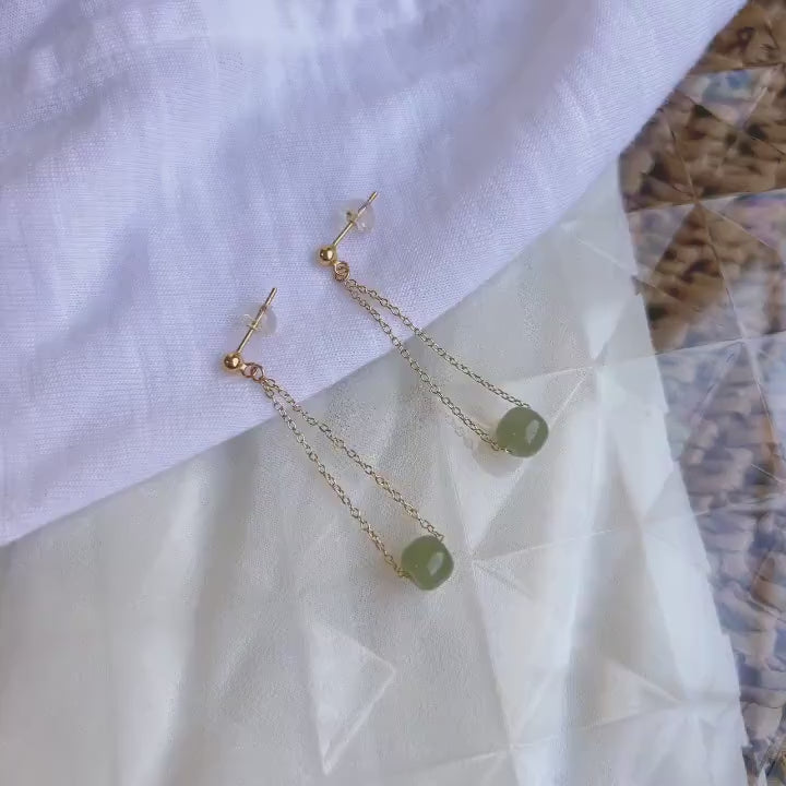 Natural Jade Long Drop Earrings, Light Green Jade Earring, Gold Jade Earring, Silver Jade Earring, Tassel Bead Earring, Hetian Jade Jewelry