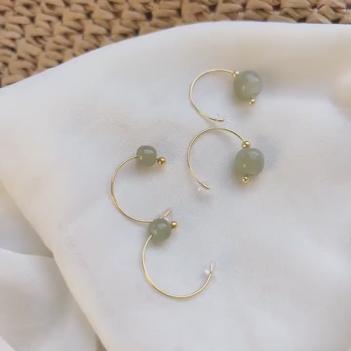 Natural Hetian Earrings, Light Green Jade Earrings, Gold Jade Earring, Half Circle Hook Earrings, Green Jade Jewelry, Jade Bead Earrings