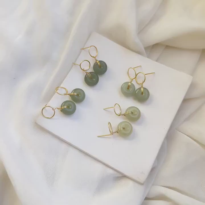 Natural Jade Earrings, Jade Donuts Earrings, Genuine Hetian Jade, Green Jade Drop Earrings, Jade Gold Earrings, Jade Donut Pendant Earrings