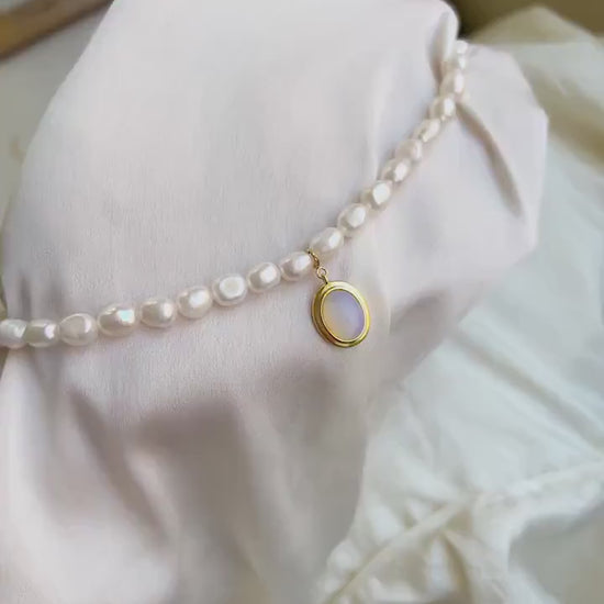 Moonstone Natural Freshwater Pearl Necklace, Baroque Irregular Pearl Necklaces with a Moonstone Pendant, 925 Sterling Silver Chokers