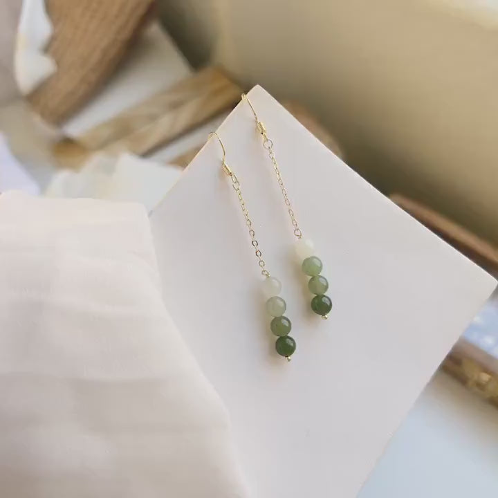 Gradient Jade Long Drop Earrings, Jade Earrings, Jade Dangle Earrings, Genuine Nephrite Beads Tassel Earrings, Gold Jade Tassel Earrings