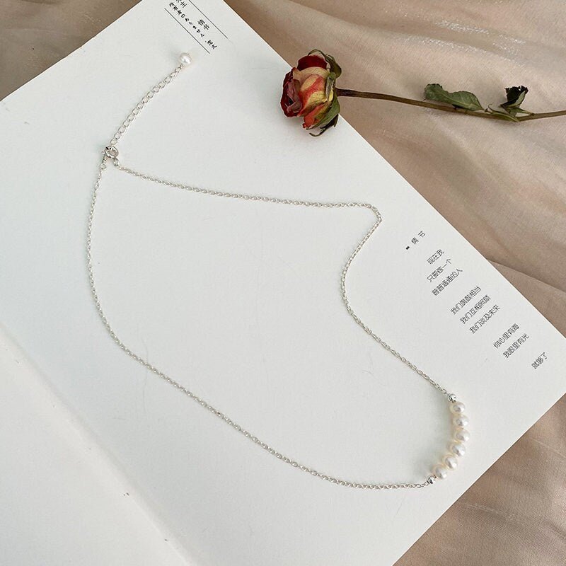 Pearl Row Necklace, 925 Sterling Silver Natural Freshwater Pearl Necklace, Dainty Pearl Necklace, Bridal Necklace, Bridesmaids Necklace