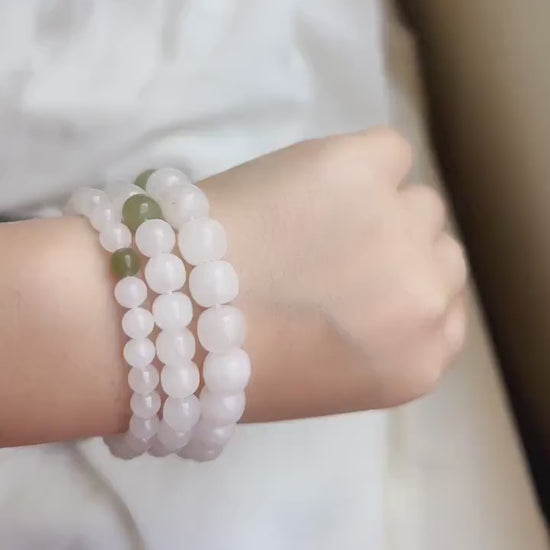7*8mm 9*10mm Genuine White Nephrite Bracelets with one Green Jade Bead, Natural Hetian Jade Bead Bucket Elastic Bracelet with Stretch Thread