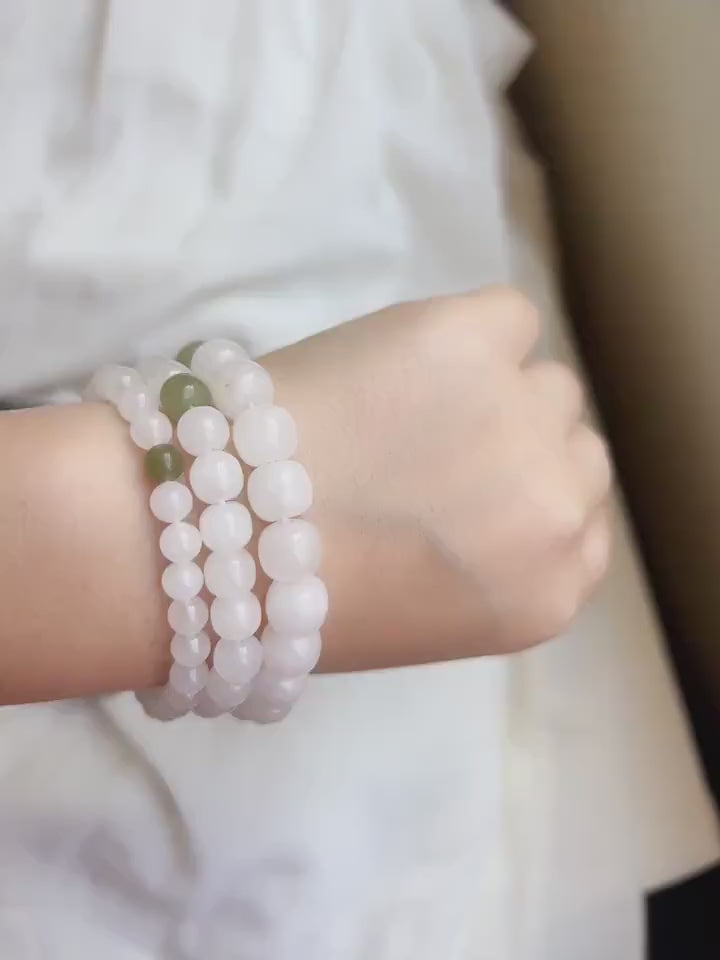 7*8mm 9*10mm Genuine White Nephrite Bracelets with one Green Jade Bead, Natural Hetian Jade Bead Bucket Elastic Bracelet with Stretch Thread