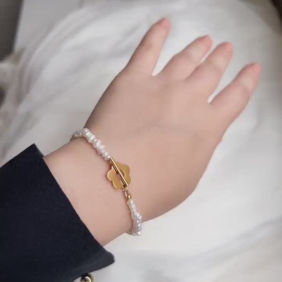 Natural White Freshwater Pearl  Bracelet/Necklace with 18k Gold Plated, Flower Toggle Clasp Small Size Pearls of Irregular pearls