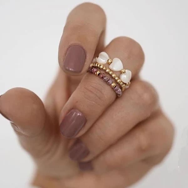 Boho Beaded Stretch Ring, Bohemia Beads Ring, Heart Shell Bead Ring, Natural Stone Beads Ring, Rhodochrosite Beads Ring, Boho Stackable Ring, Tiny pink Jade Ring