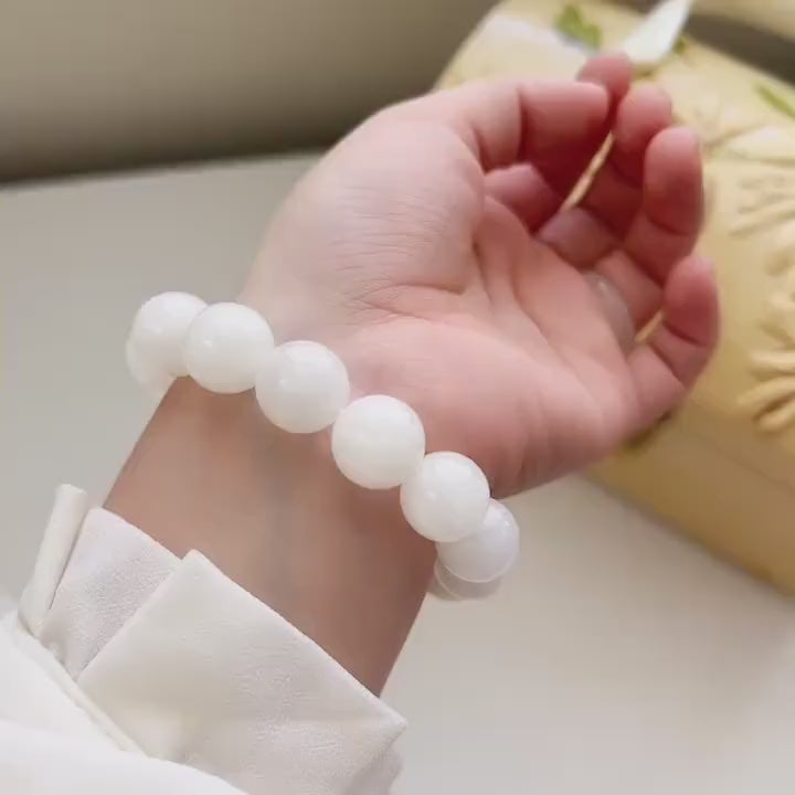 14mm White Hetian Jade Elastic Bracelet, Men woman Nephrite Stretch Bracelets, High Quality Large Size Jade Breads Bracelet 田白玉手串