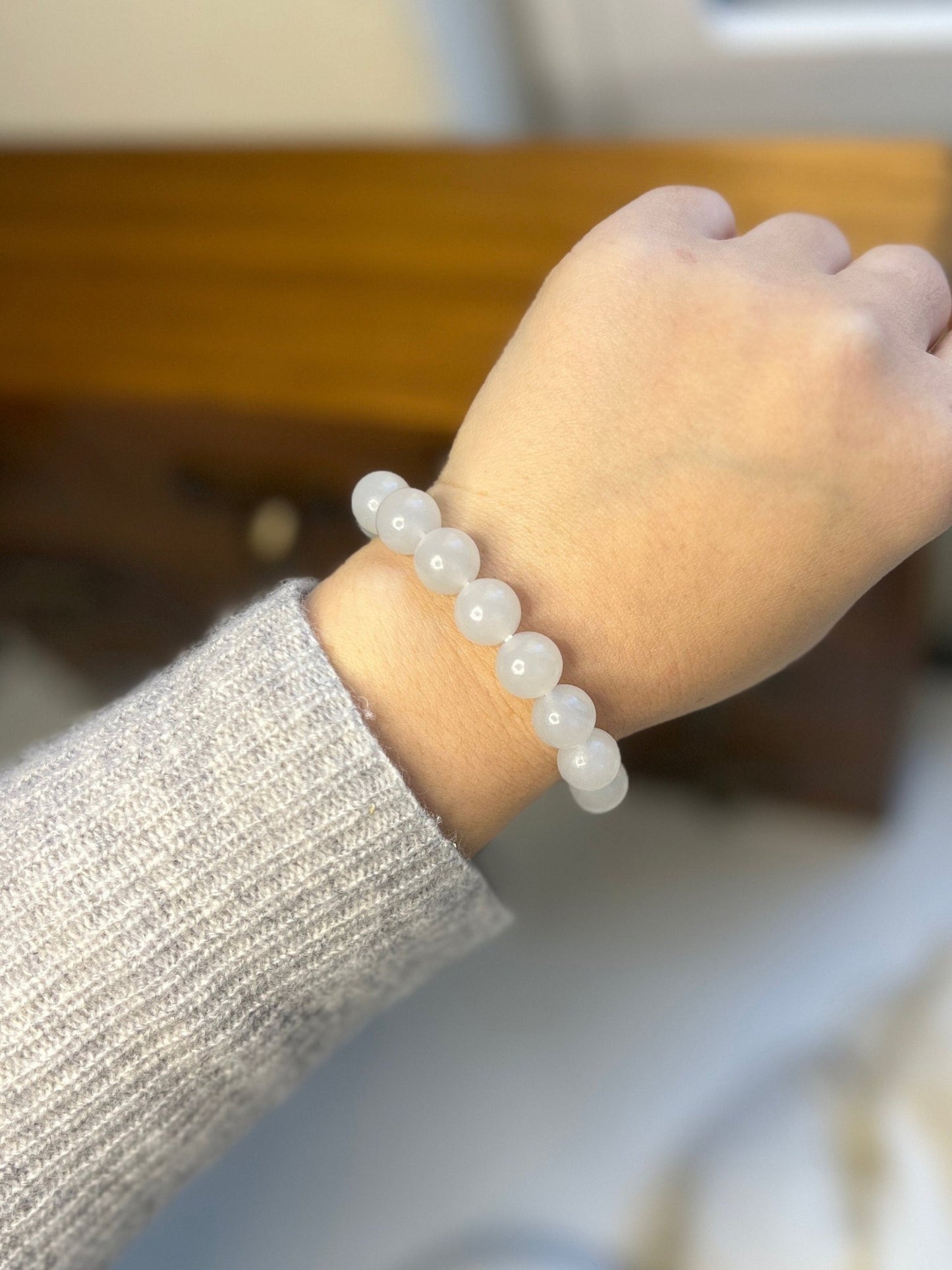 White Hetian Jade Elastic Bracelet, Light Grey Beaded Jade Stretch Bracelets, High Quality Nephrite Bracelet Certificate 10mm Beads 和田白玉手串