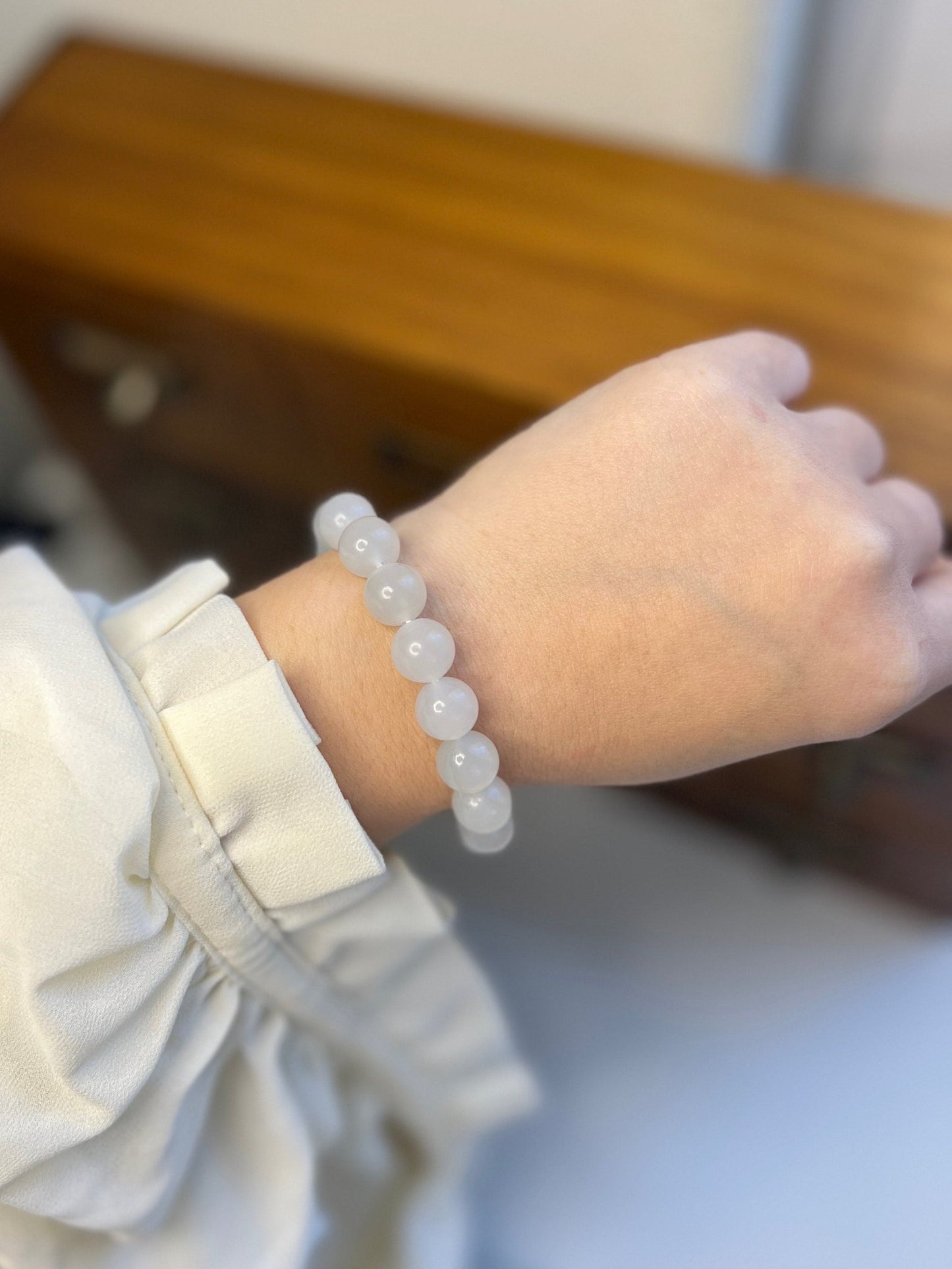 White Hetian Jade Elastic Bracelet, Light Grey Beaded Jade Stretch Bracelets, High Quality Nephrite Bracelet Certificate 10mm Beads 和田白玉手串
