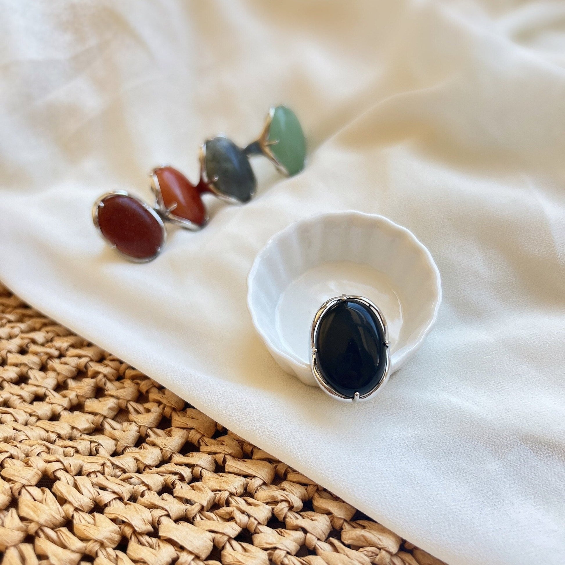 Boho Style Big Natural Stone Ring, Large Oval Ring, Big Gemstone Ring, Green Aventurine, Goldstone, Black Carnelian, Labradorite, Jasper