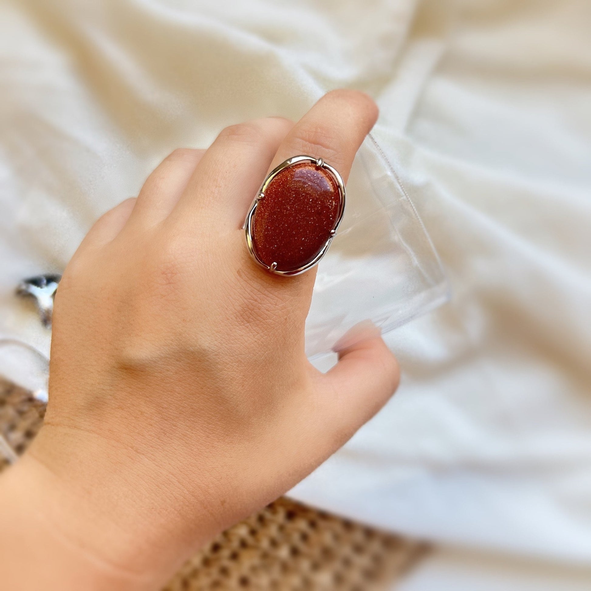 Boho Style Big Natural Stone Ring, Large Oval Ring, Big Gemstone Ring, Green Aventurine, Goldstone, Black Carnelian, Labradorite, Jasper