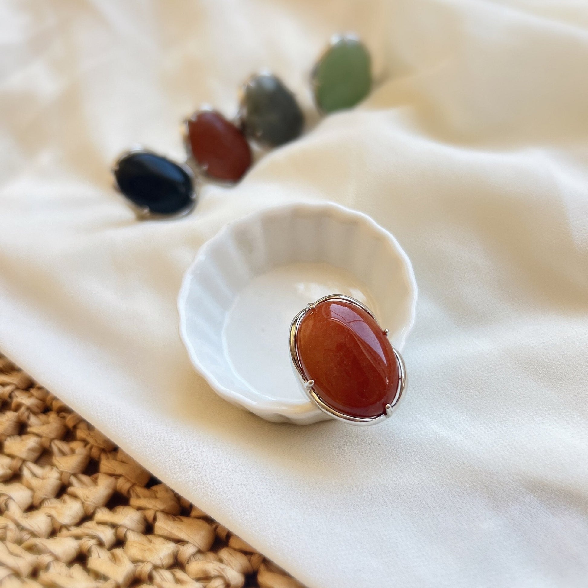 Boho Style Big Natural Stone Ring, Large Oval Ring, Big Gemstone Ring, Green Aventurine, Goldstone, Black Carnelian, Labradorite, Jasper