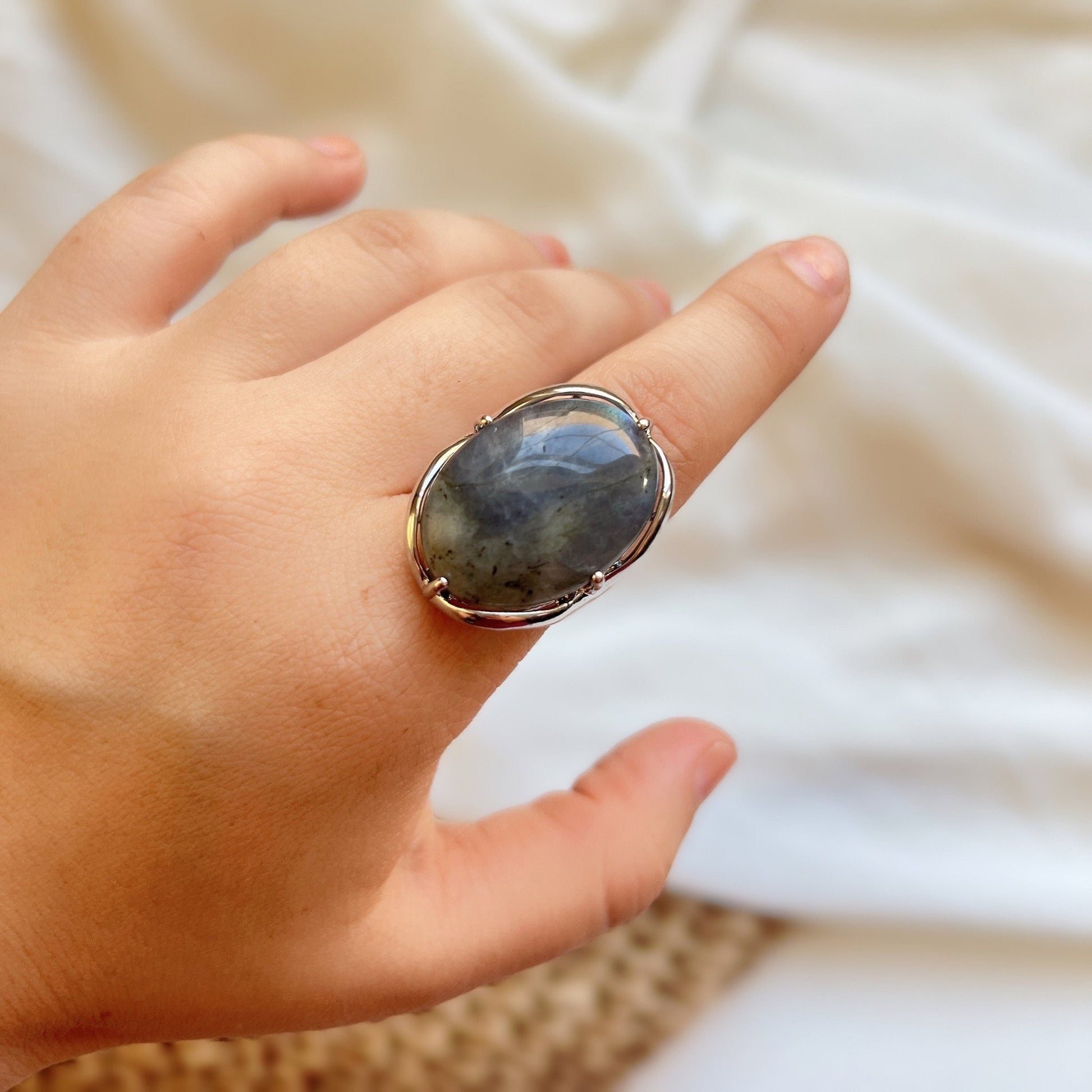Boho Style Big Natural Stone Ring, Large Oval Ring, Big Gemstone Ring, Green Aventurine, Goldstone, Black Carnelian, Labradorite, Jasper