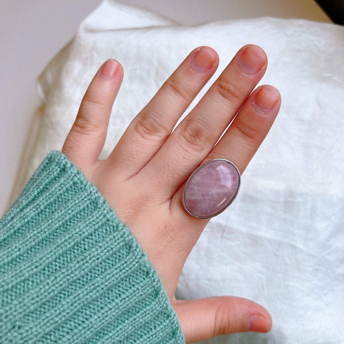 Boho Style Big Size Natural Stone Ring, Oval Round Gemstone Ring, Pink, Green Aventurine, Goldstone, Black Carnelian, Pink Crystal
