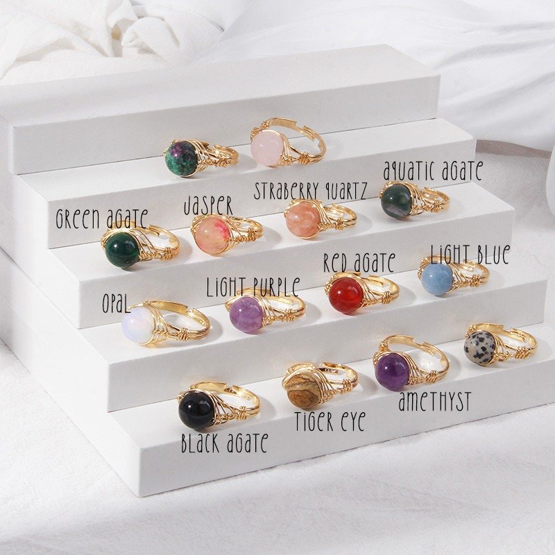 Boho Style Hand Craft Natural Stone Ring, Wire Wrapped Single Gemstone Ring, Amethysts  Jasper Lava Quartz Opal Green/Red/Black Agate