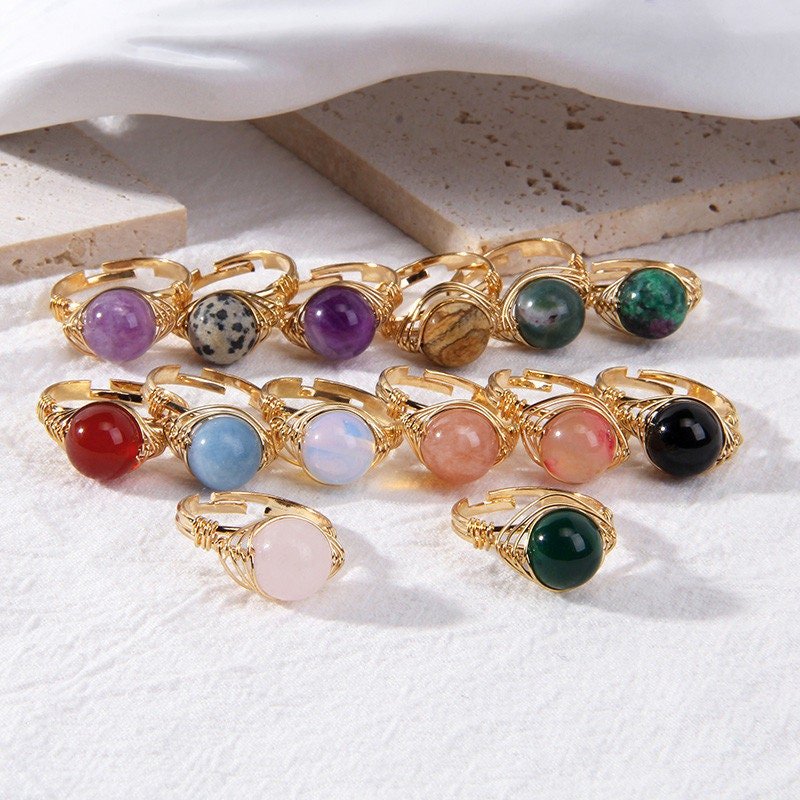 Boho Style Hand Craft Natural Stone Ring, Wire Wrapped Single Gemstone Ring, Amethysts  Jasper Lava Quartz Opal Green/Red/Black Agate