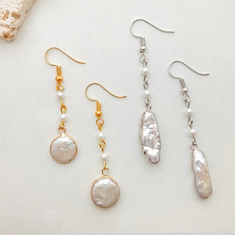 Boho Style Handmade Freshwater Pearl Earrings, Baroque Irregular Pearl Earrings with Gold or Silver Plated Gilt Edging