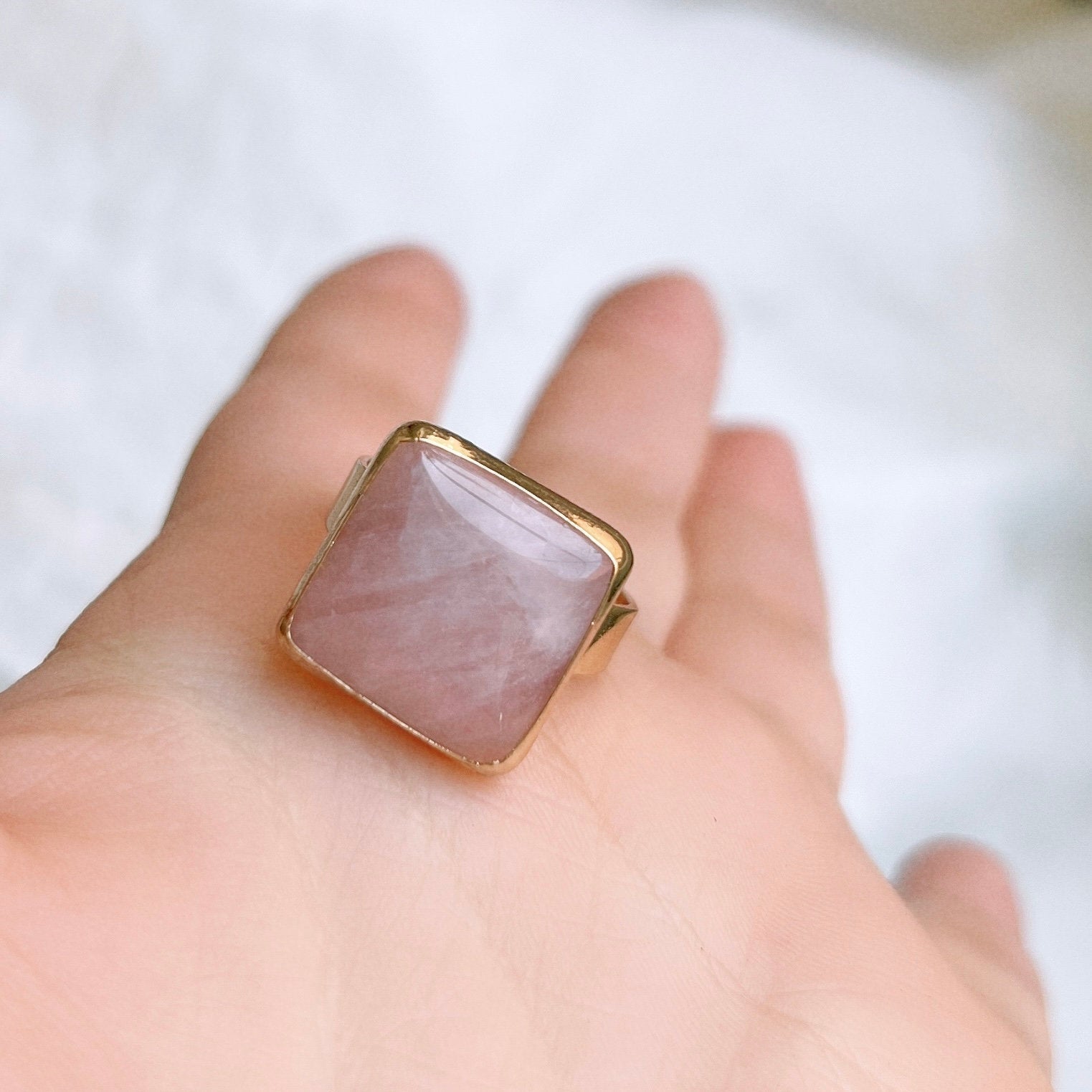 Boho Style Big Natural Stone Ring, Oval Square Rectangle Round Gemstone Gold Ring, Solid Granite, Pink Quartz, Black Stone, Leopard Skin