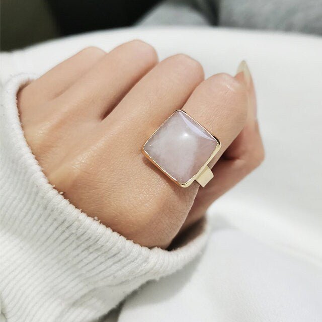 Boho Style Big Natural Stone Ring, Oval Square Rectangle Round Gemstone Gold Ring, Solid Granite, Pink Quartz, Black Stone, Leopard Skin