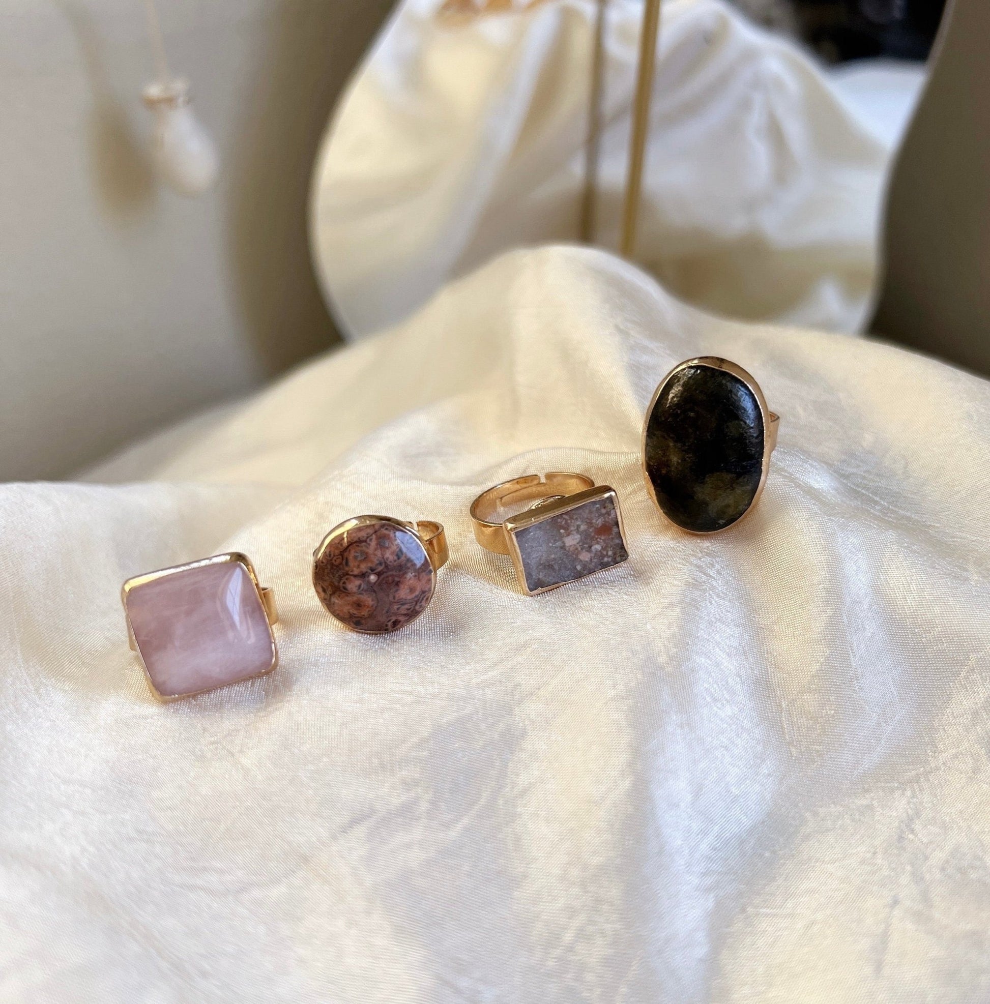 Boho Style Big Natural Stone Ring, Oval Square Rectangle Round Gemstone Gold Ring, Solid Granite, Pink Quartz, Black Stone, Leopard Skin