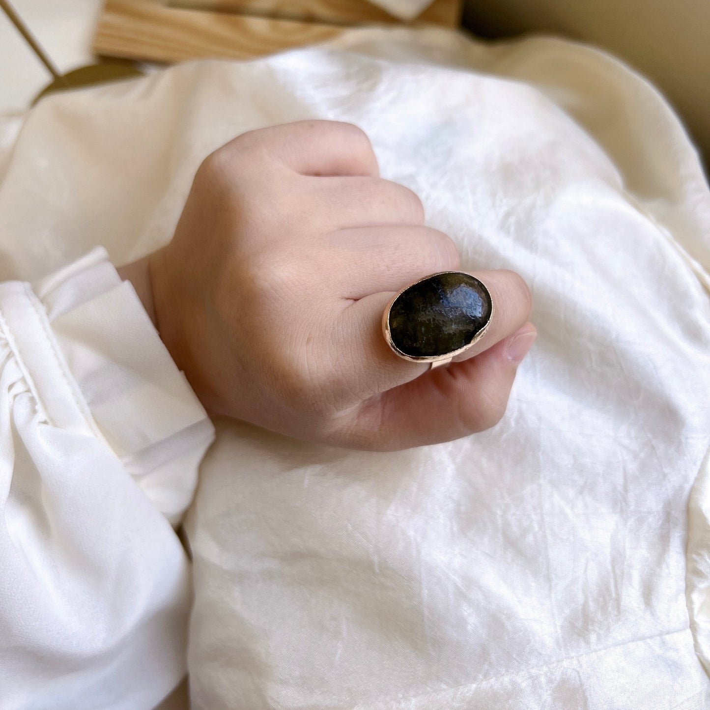 Boho Style Big Natural Stone Ring, Oval Square Rectangle Round Gemstone Gold Ring, Solid Granite, Pink Quartz, Black Stone, Leopard Skin