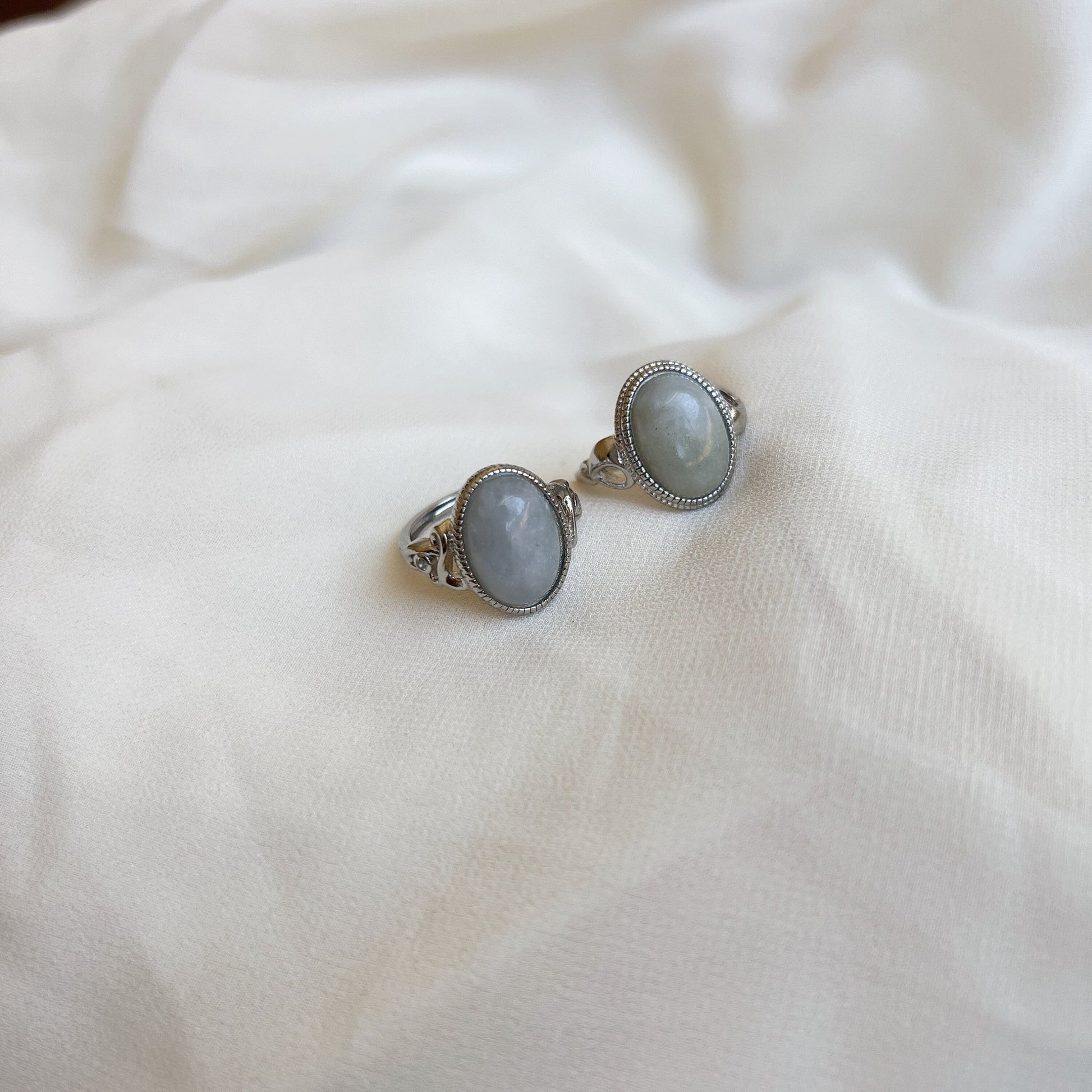 Boho Style Big Size Natural Stone Ring, Oval Round Jadeite Ring, Large Jadeite Silver Ring, Big White Gemstone Ring