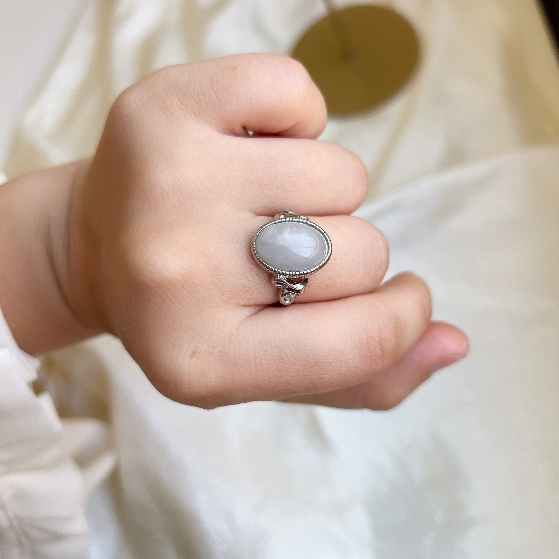 Boho Style Big Size Natural Stone Ring, Oval Round Jadeite Ring, Large Jadeite Silver Ring, Big White Gemstone Ring