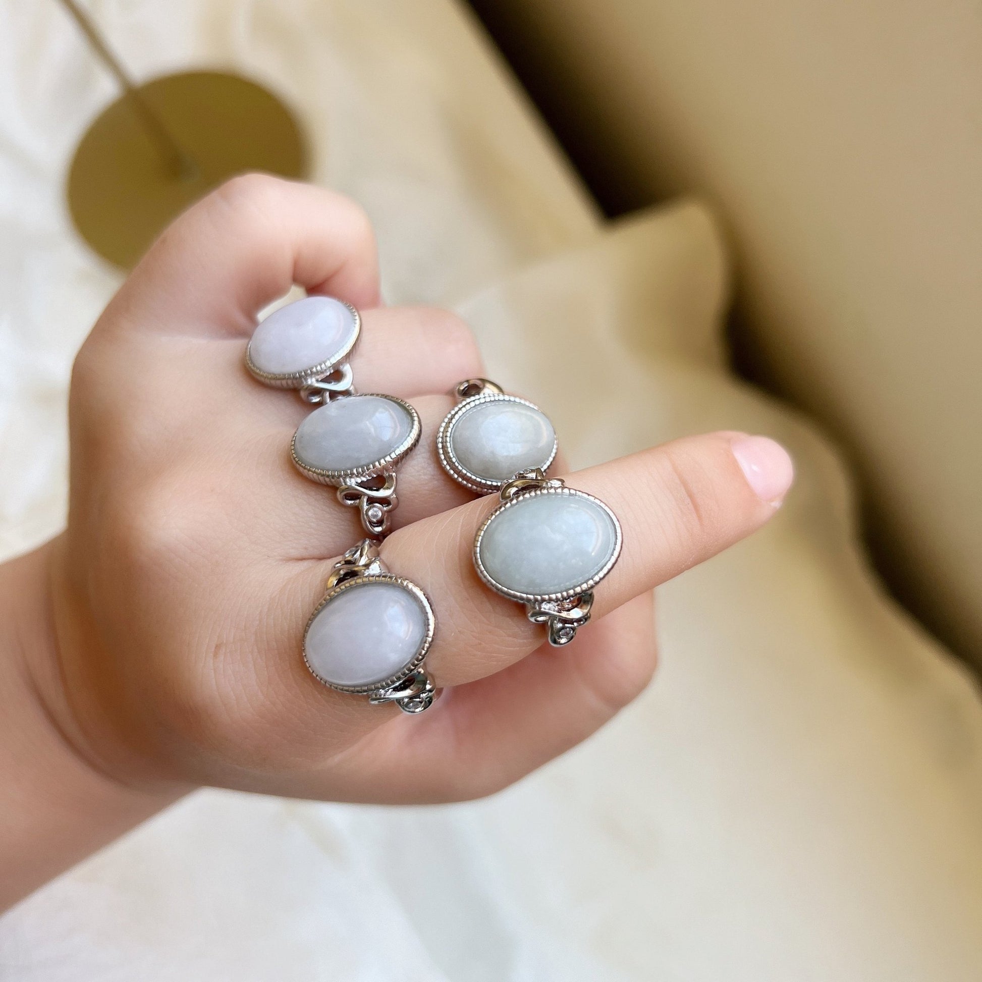 Boho Style Big Size Natural Stone Ring, Oval Round Jadeite Ring, Large Jadeite Silver Ring, Big White Gemstone Ring