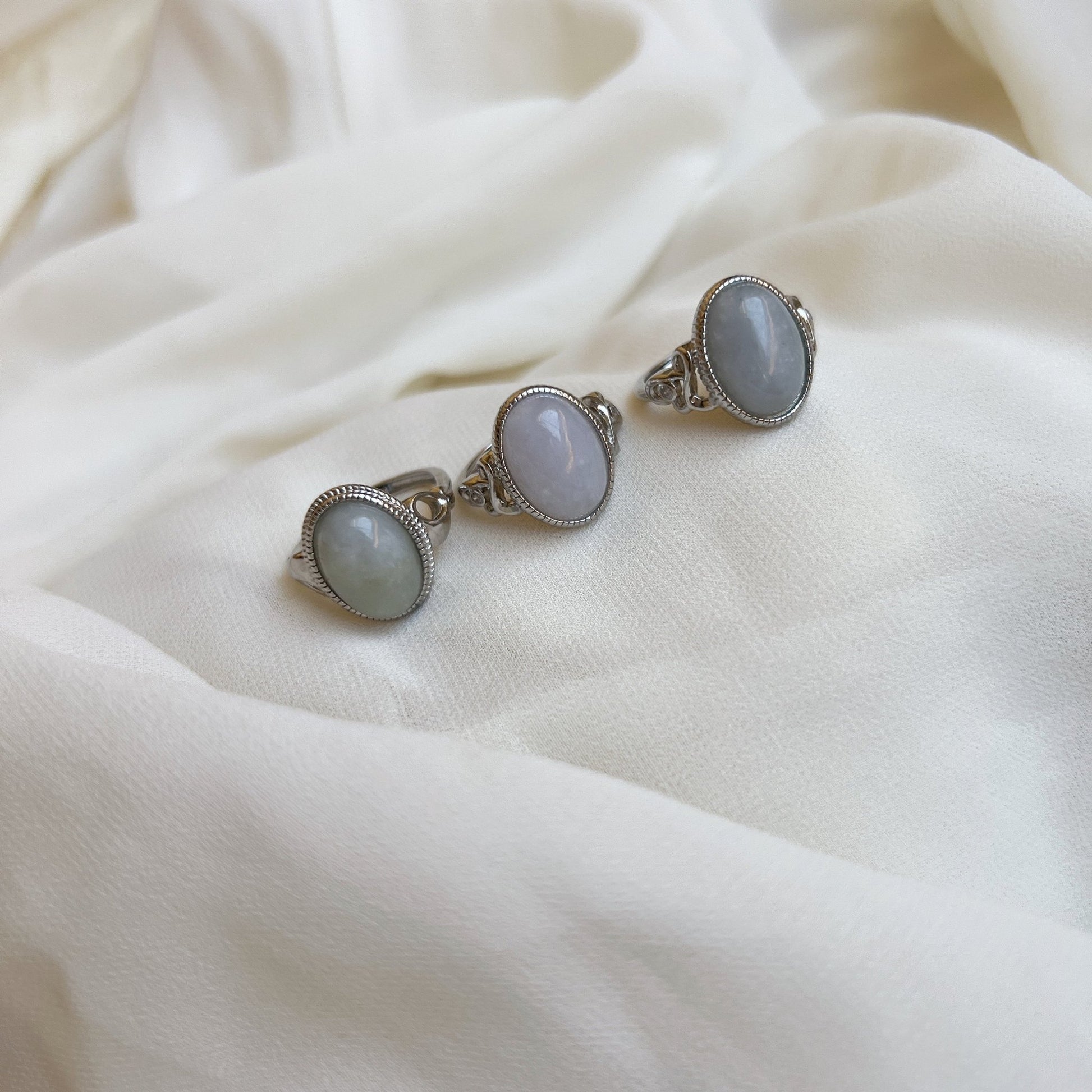 Boho Style Big Size Natural Stone Ring, Oval Round Jadeite Ring, Large Jadeite Silver Ring, Big White Gemstone Ring