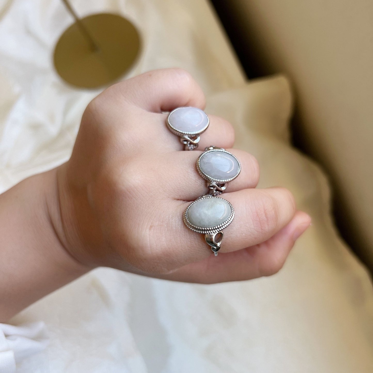 Boho Style Big Size Natural Stone Ring, Oval Round Jadeite Ring, Large Jadeite Silver Ring, Big White Gemstone Ring