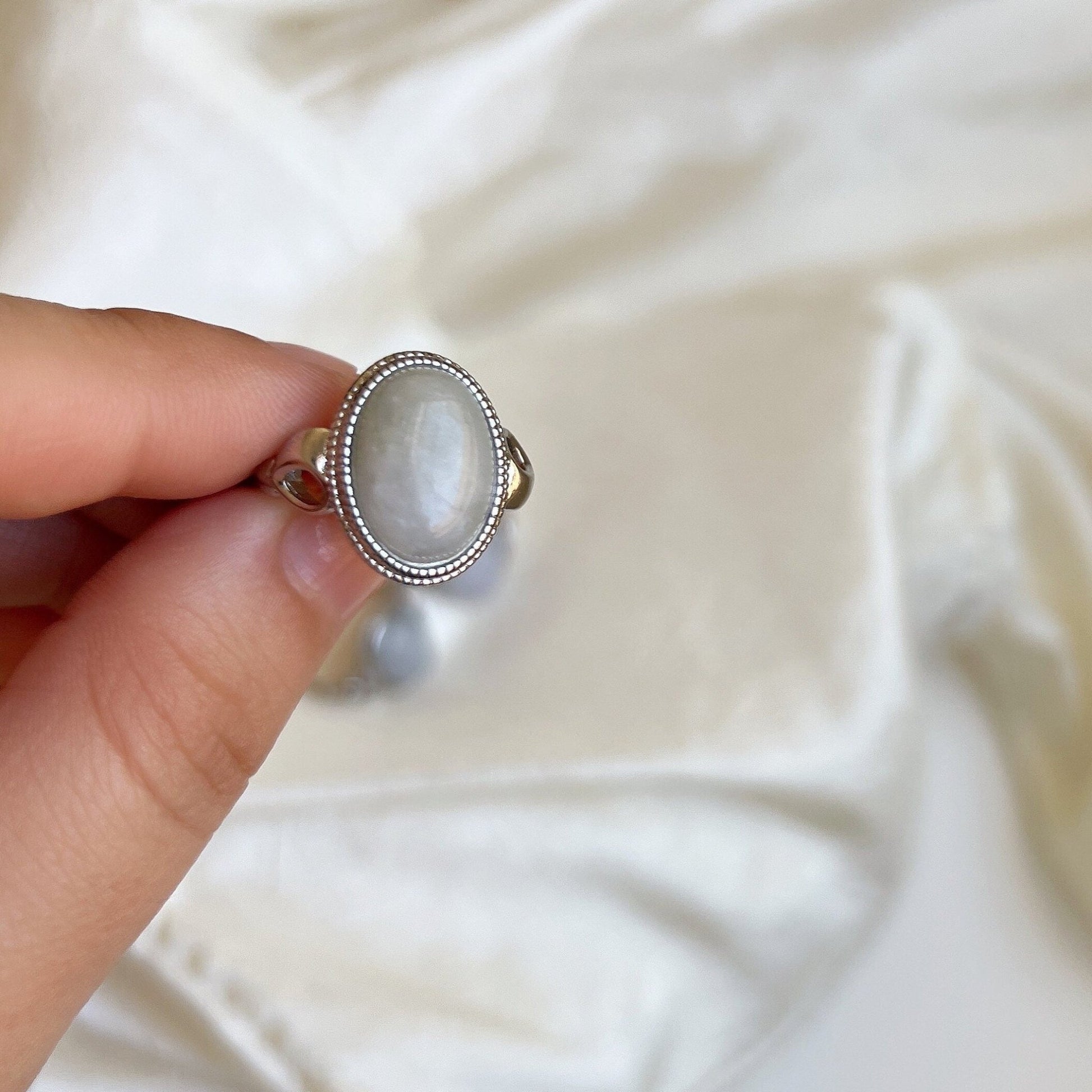 Boho Style Big Size Natural Stone Ring, Oval Round Jadeite Ring, Large Jadeite Silver Ring, Big White Gemstone Ring