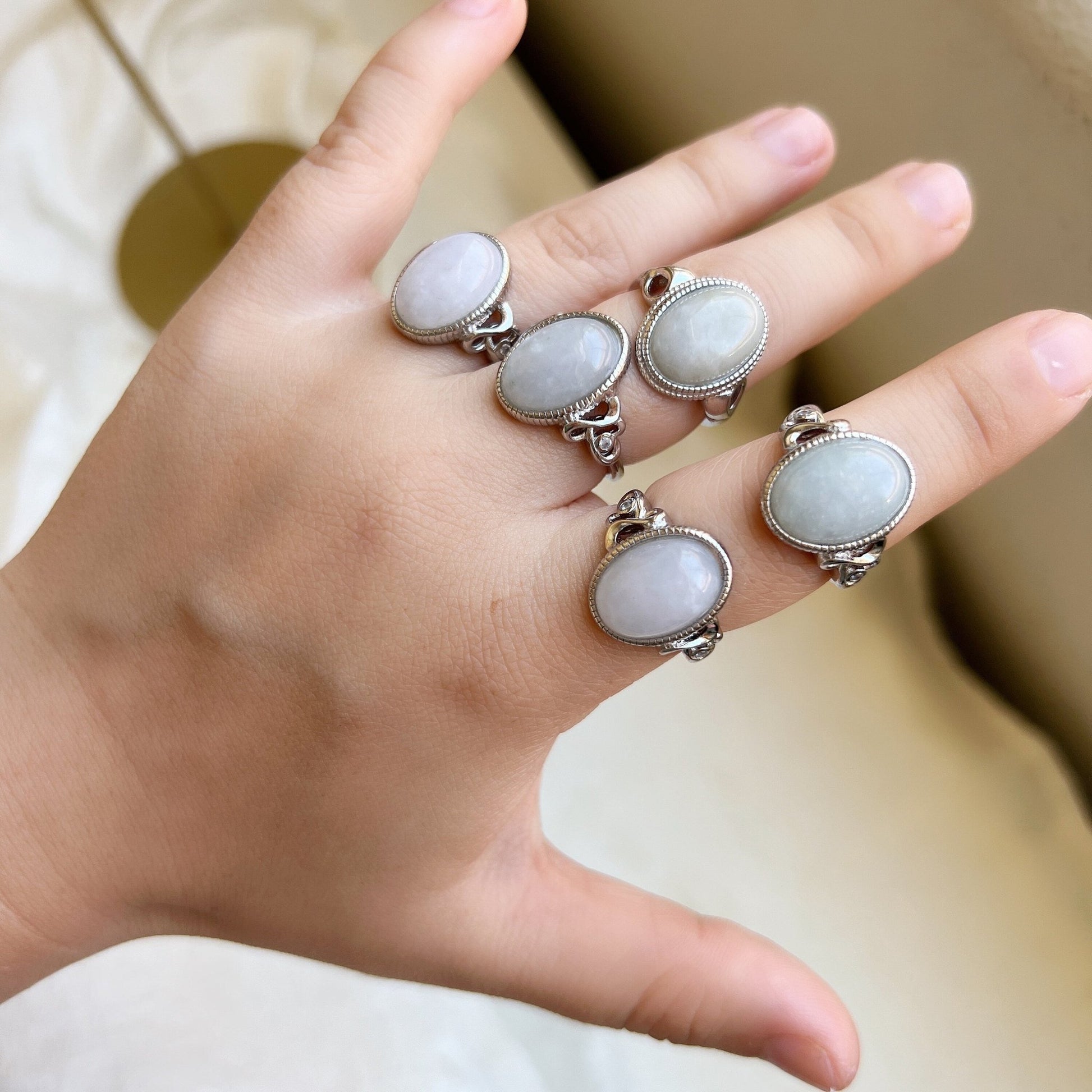 Boho Style Big Size Natural Stone Ring, Oval Round Jadeite Ring, Large Jadeite Silver Ring, Big White Gemstone Ring