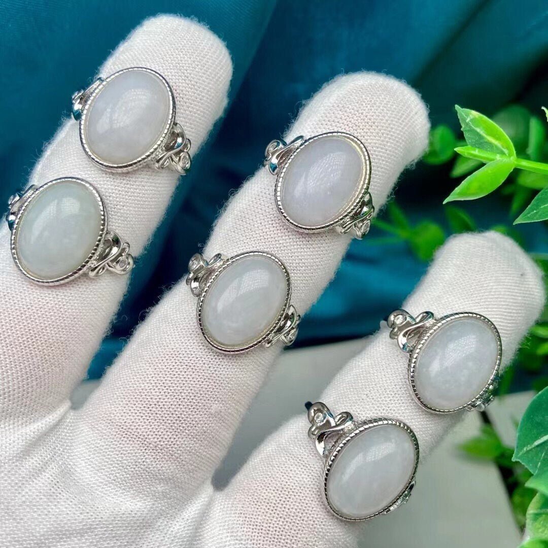 Boho Style Big Size Natural Stone Ring, Oval Round Jadeite Ring, Large Jadeite Silver Ring, Big White Gemstone Ring
