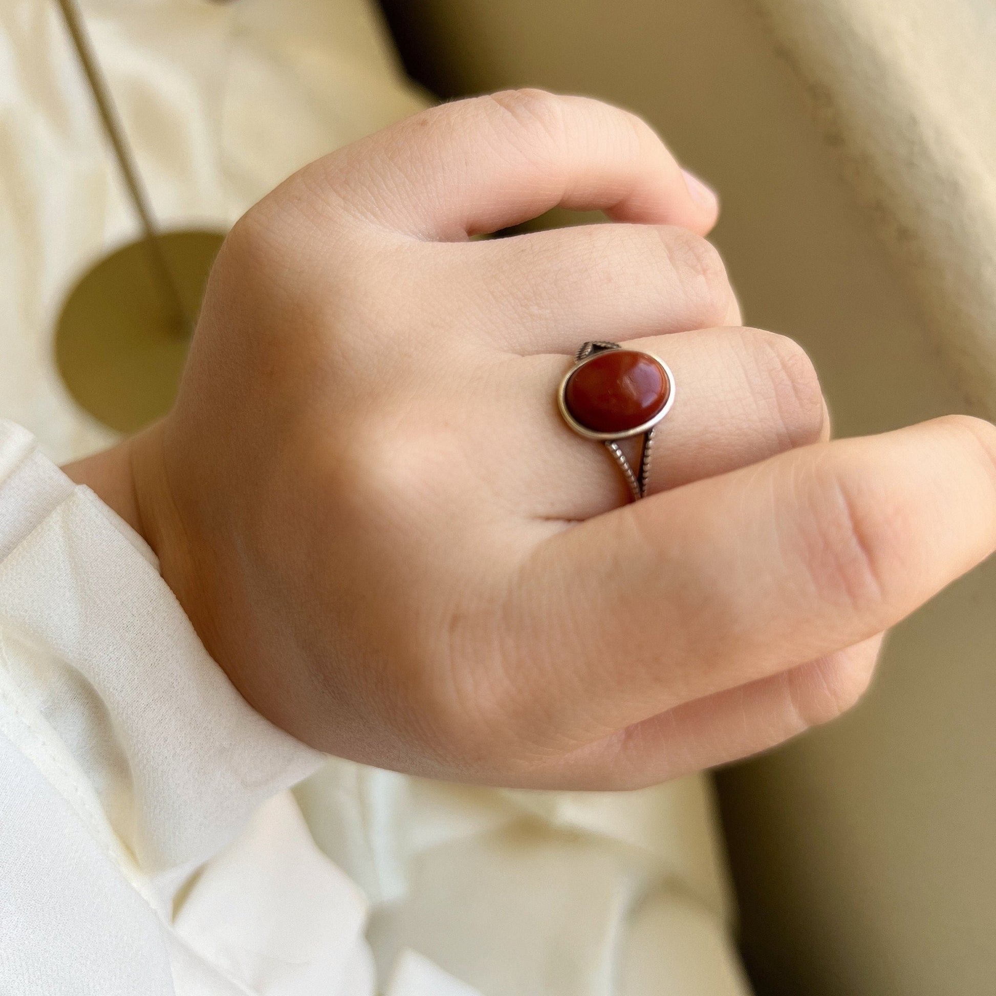Boho Style Natural Red Stone Ring With S925 Silver Band, Oval Round South Red Gemstone Ring, Large Red Silver Ring, Sterling Silver Ring